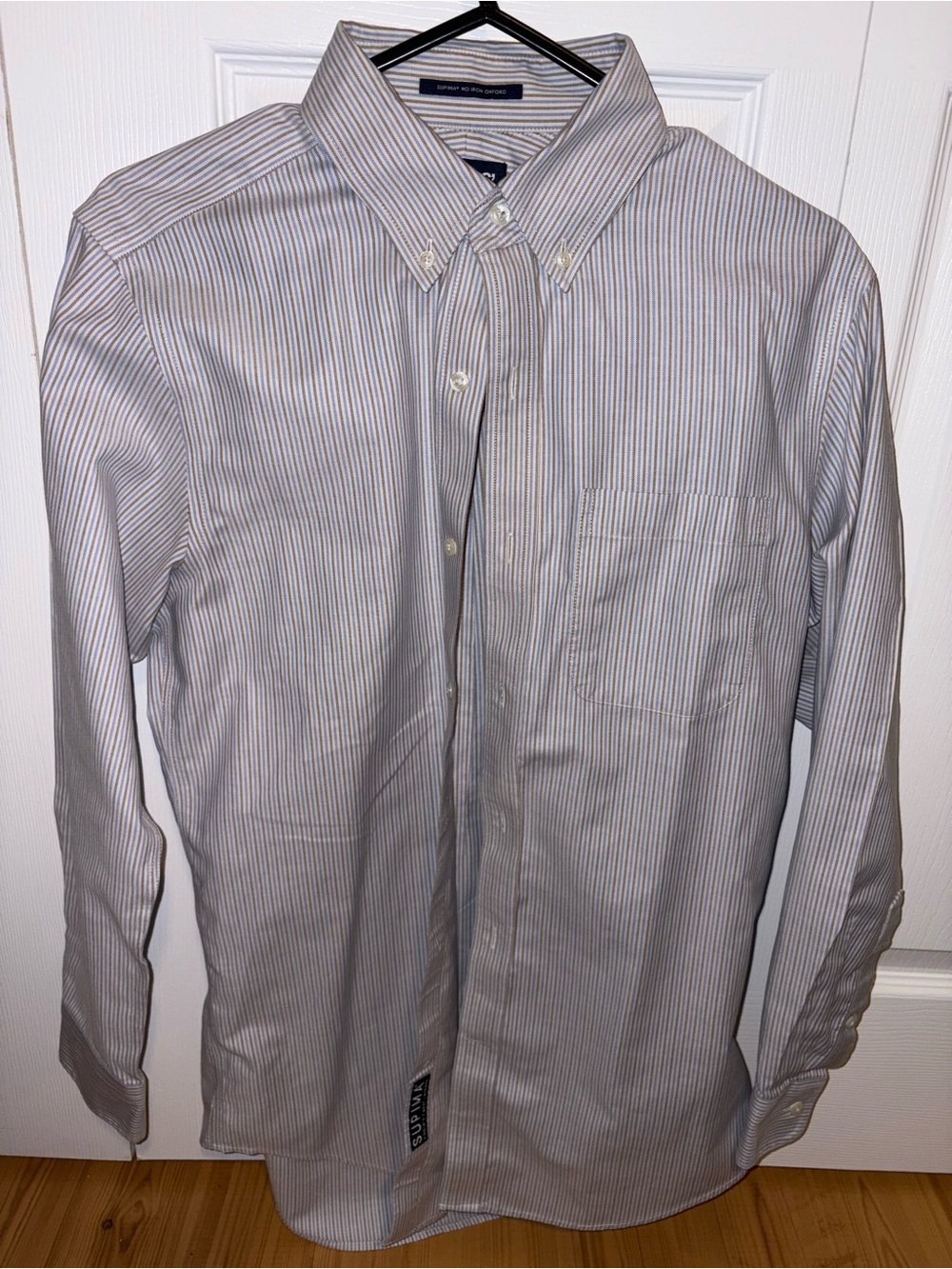 Men's Blue & Brown Striped Button-Down Supima No Iron Oxford Dress Shirt